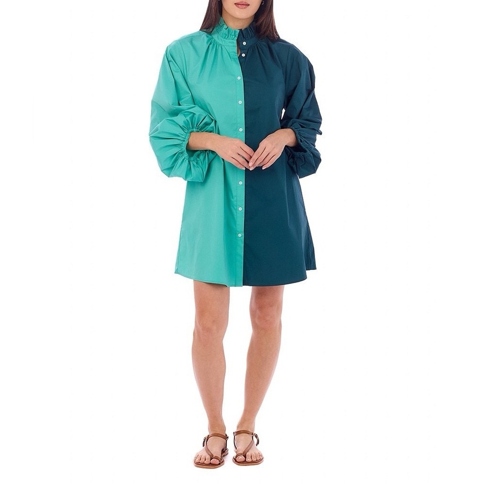 CROSBY‎ Olive Colorblock High Ruffle Collar Long Sleeve Button Front Shirt Dress